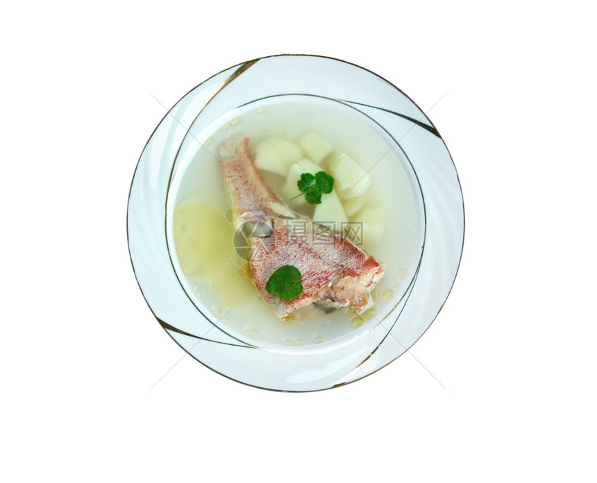 健康俄语美食罗斯传统鱼汤配有红色组合板图片