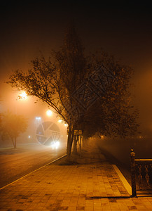 夜里在雾的深城市风景中在照片的雾横跨城市河桥晚上景观黑暗的图片