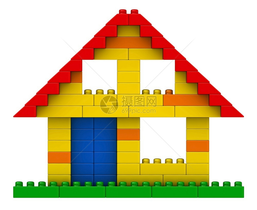 3d将白色背景隔开的塑料建筑块中抽象房屋制成孩子砖块建造图片