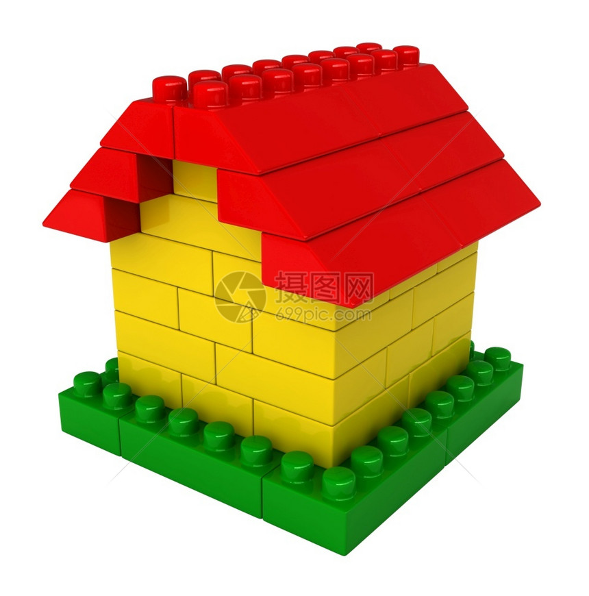 童年玩具建造3d将白色背景隔开的塑料建筑块中抽象房屋制成图片
