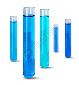 蓝色的在白背景上隔离的实验室试管中蓝色液体试管子测图片