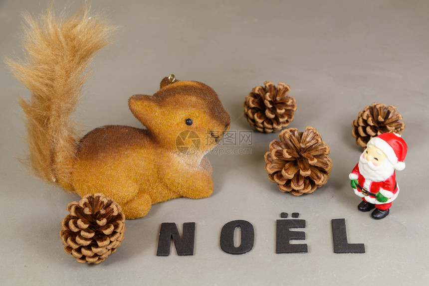 装饰风格动物松鼠和圣诞老人雕像松果子和圣诞节这个词用法语写传统的图片