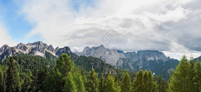 美满充森林蓝天空和意大利阿尔卑斯山云的贝蒂丰全景旅游观图片