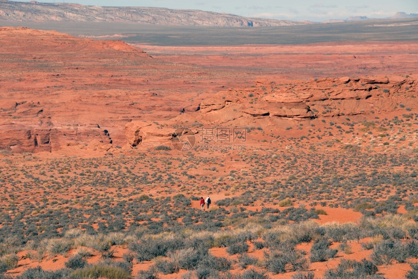 远足死气沉弯曲在亚利桑那州佩奇科罗拉多河马蹄本德附近的沙漠中行走图片