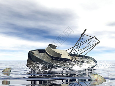 形象的沉入海洋渔船旧沉没3D商人帆船背景图片