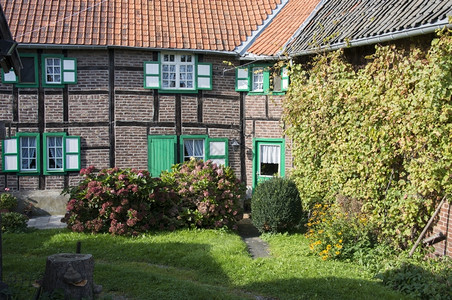 绿色花朵门园前的旧林房有窗户和绿百叶图片
