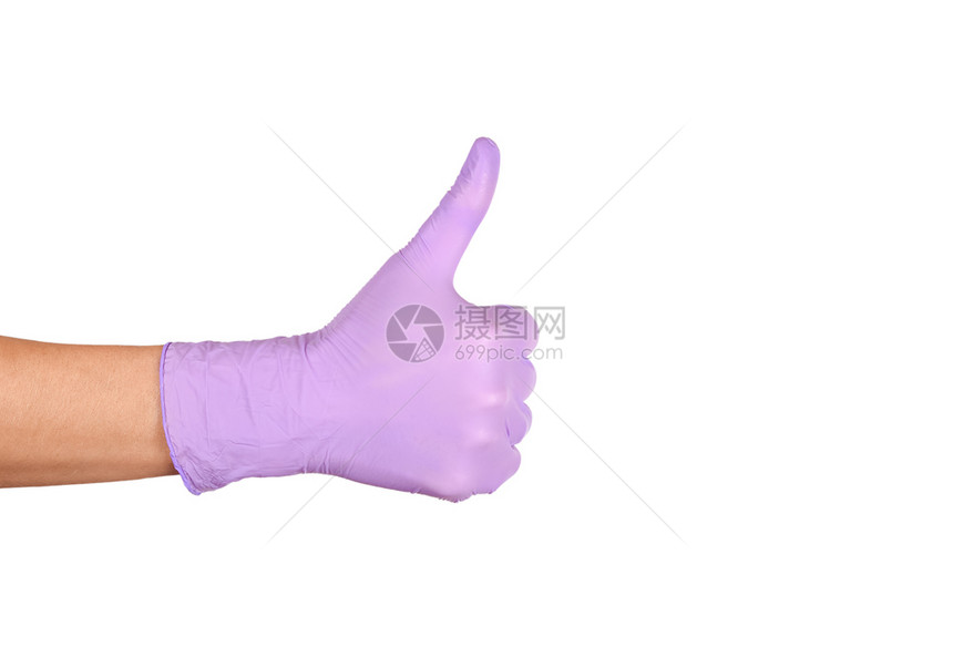 在白色背景上举起拇指手印持紫色乳胶套孤立在白色女人的手势或白纸上标志家务抓住放图片