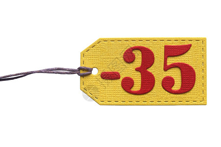 黄色的绳索标号35减去红色数字在黄标签上加紫蕾丝白底的孤立带纸图片