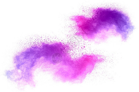 面粉抽烟在白色背景上隔离的紫色粉末爆炸灰尘图片