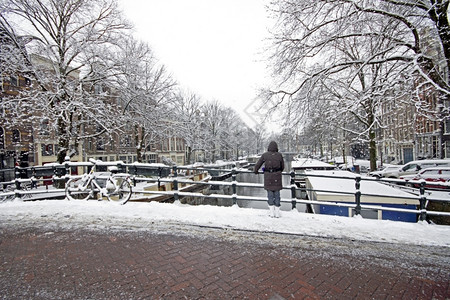 运河历史的阿姆斯特丹在荷兰冬季被雪淹没建筑的图片