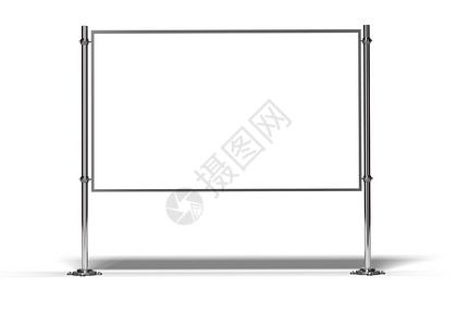 金属广告牌带两个柱子图像的空白框用阴影孤立在白色和上空的沟通晋升设计图片