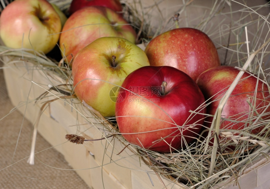 低卡路里水果维生素篮子里的一片干草床上苹果快关门了图片