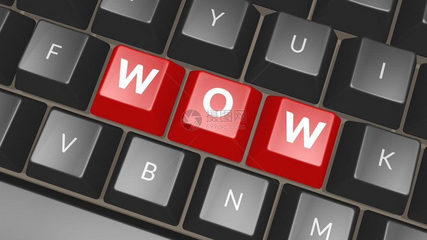 互联网堵塞象征黑色键盘上的WordWOW显示单词WowProfessional专家图标的电脑键3D插图黑色键盘上的图片