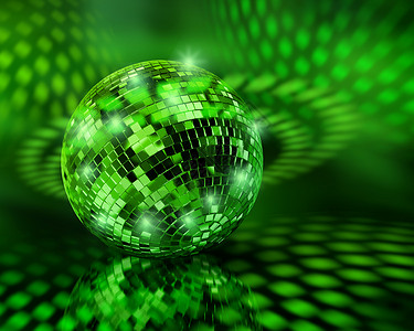 轻的迪斯科舞厅闪耀发送光反射的绿色迪斯科镜球绿色迪斯科黑的闪亮设计图片
