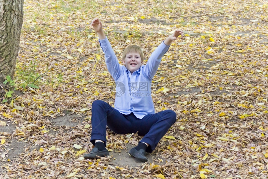 户外欧洲的金发可爱男孩坐在秋天黄色树叶上自然图片