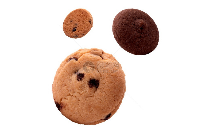 带有巧克力的cookie在白背景上分离美味的食物诱惑图片