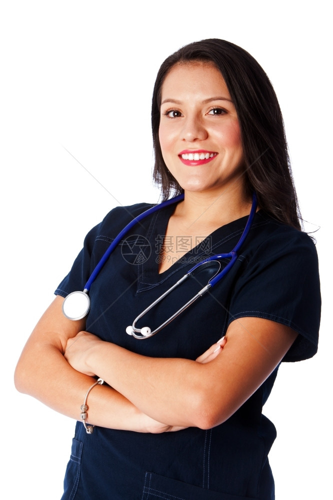 白色的幸福快乐微笑着保健护理在医疗行业的女护士手臂交叉和听诊器穿白西班牙裔女图片