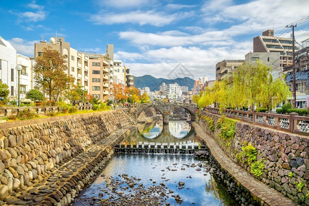 亚洲日本九州长崎市中心天线城风景与Megane光辉桥眼镜天际线图片