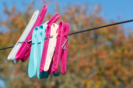 蓝色的在花园洗衣线上挂着蓝色和粉红衣服针户外丰富多彩的图片