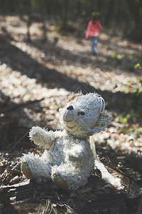 自然玩具小女孩在旅行途中离开的小女孩被遗忘的泰迪熊在森林树桩上孩子图片