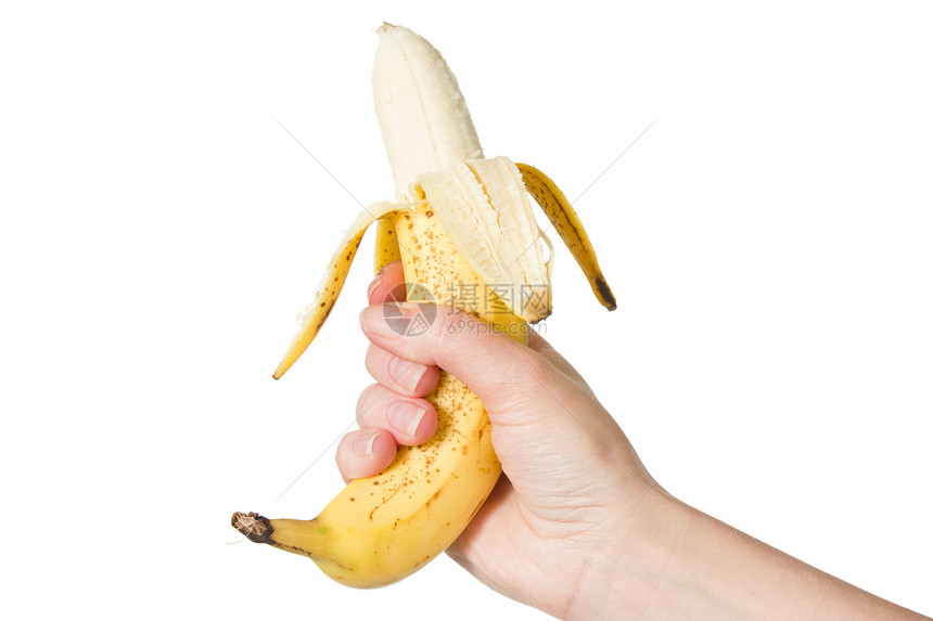 营养抓住手握剥皮香蕉孤立在白色背景上小吃图片