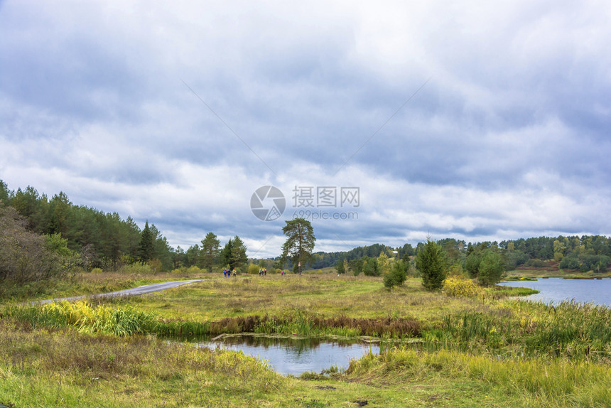 多云的团体下雨一小群游客在俄罗斯秋天沿沥青路行走在俄罗斯图片