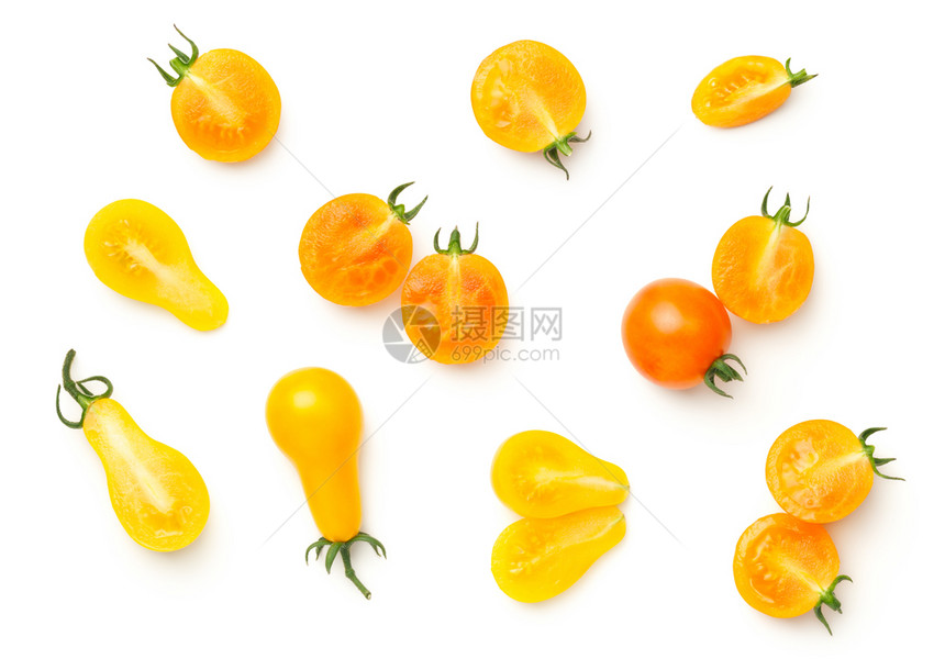 白色背景中分离的樱桃番茄黄梨伊西斯糖果樱桃番茄顶视图平躺饮食最佳坦的图片