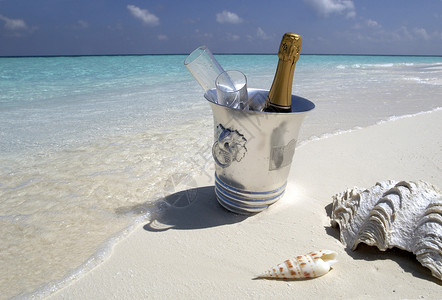 沙滩上的冰桶和香槟图片