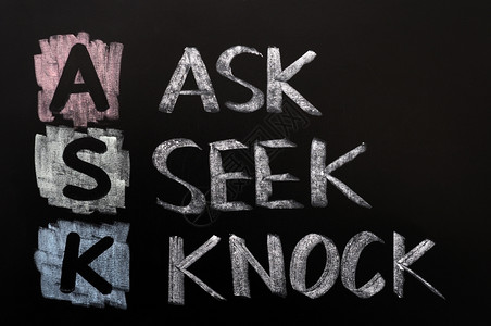 粉笔写的一种书面木制的ASK缩写问SeekKnock用粉笔写在黑板上设计图片