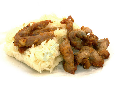 午餐美味的白背景孤立炒猪肉粘糊米烹饪图片