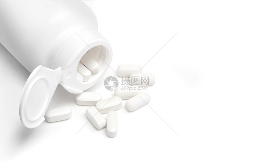 药店白胶囊和在色背景上隔离的打开包装物抗生素药片图片