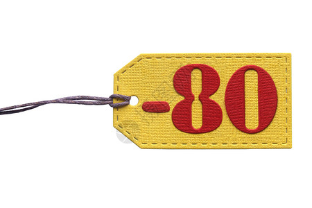 绳索黄标签上的号80减去八十个红色数字紫带白底的孤立点蕾丝产品背景图片