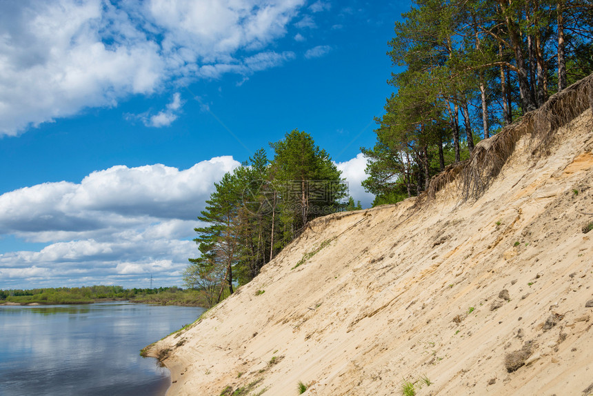 水美丽的俄罗斯Ivanovo地区Klyazma河的沙岩悬崖松树图片