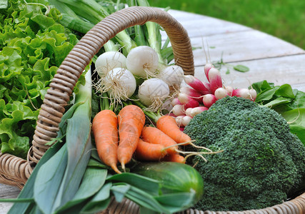 一种西兰花白园桌上一篮子新鲜蔬菜中的自然图片
