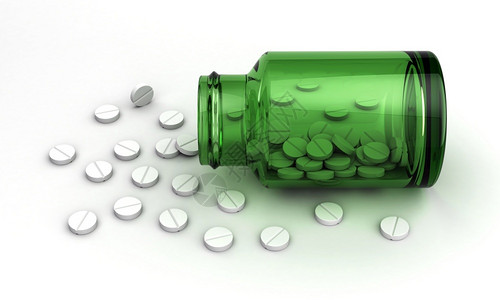 健康治疗白色背景下的药丸和小瓶3d渲染图片