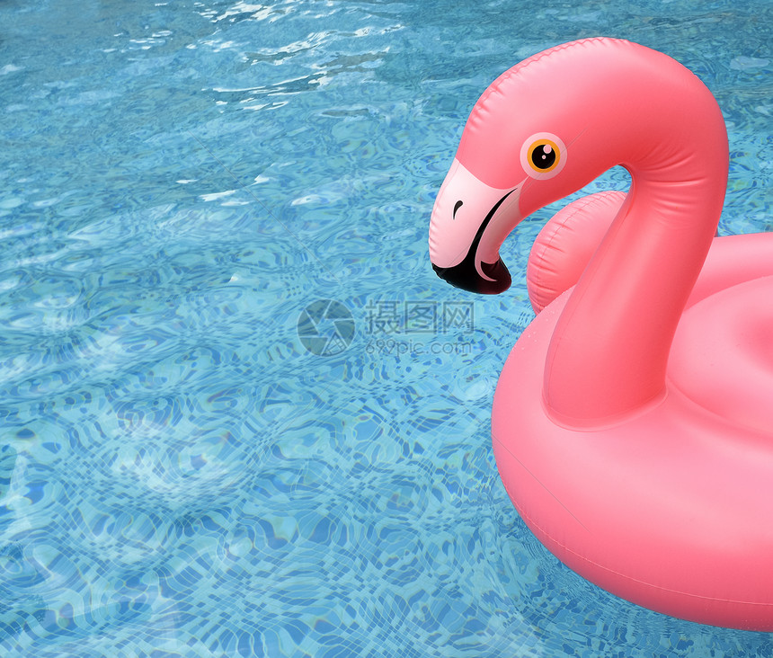 泳池中可充气的粉红火烈鸟泳圈图片