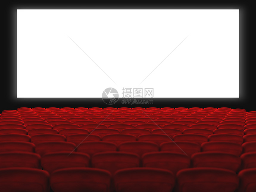 带有红色座位和白屏幕3d的电影厅插图黑暗的排图片