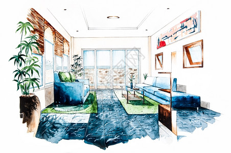 玻璃水彩色绘画的客厅设计内部目背景图片