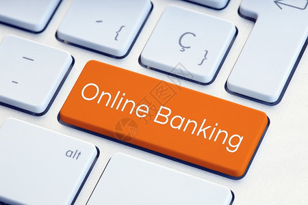 银行业互联网在线的橙色计算机键盘上的在线银行词背景图片
