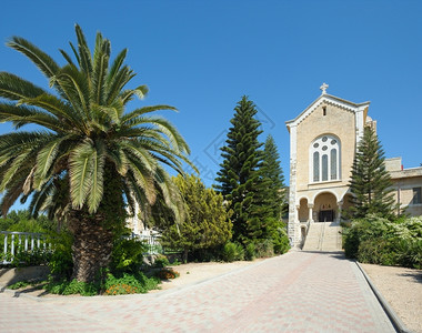 以色列Latrun修道院的教堂周围有鲜花和树木夏天宗教包围图片