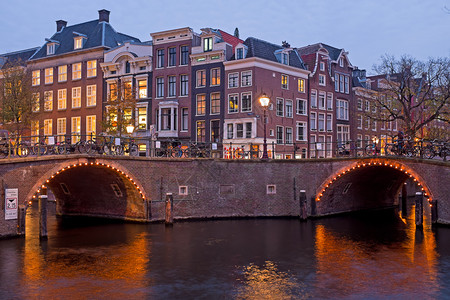 运输日落时荷兰阿姆斯特丹市风景桥城图片