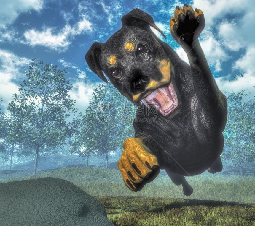 罗威勒犬在大自然中奔跑3D渲染罗威勒犬奔跑渲染朋友毛皮手图片