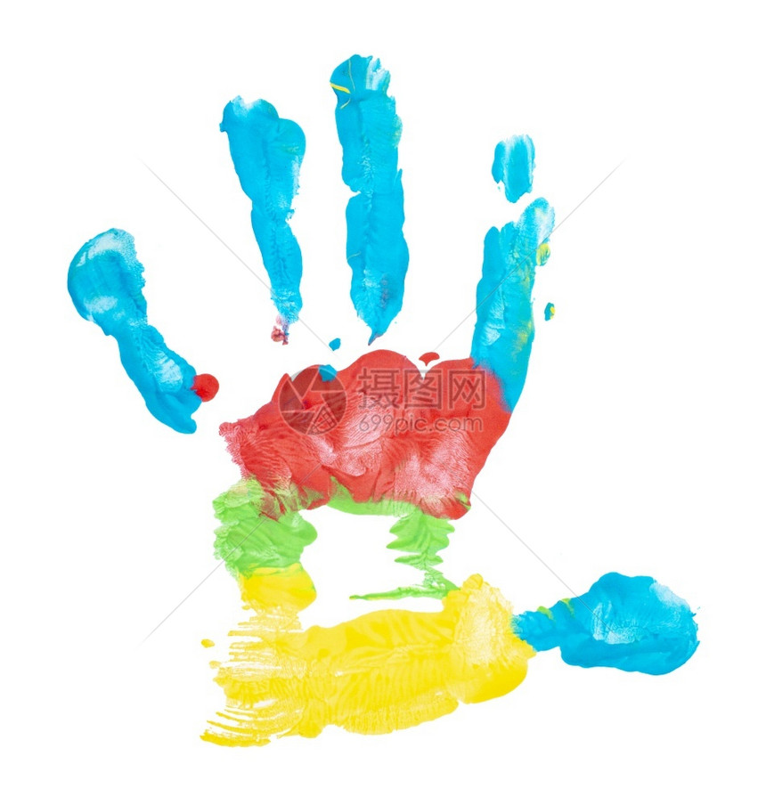 童心丰富多彩的绘画以明亮颜色打印的手由Cirersqopos用白色背景分离的手图片