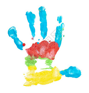 童心丰富多彩的绘画以明亮颜色打印的手由Cirersqopos用白色背景分离的手背景图片