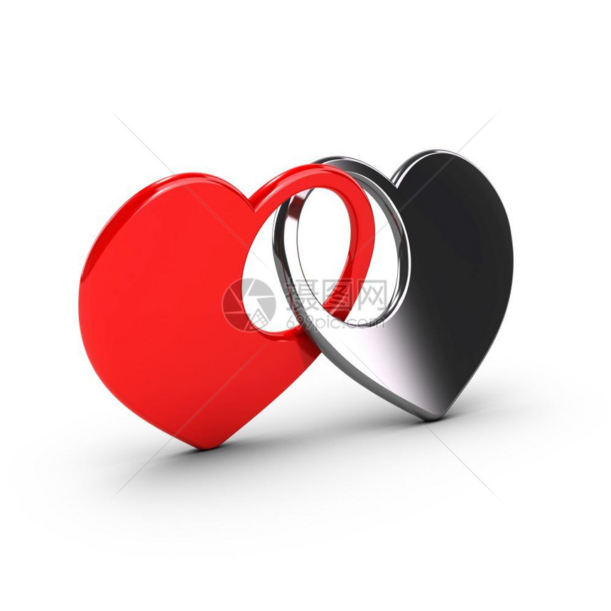 象征主义结合或婚礼概念两个心形状超越白色背景情人卡爱心联盟艺术品红色的图片