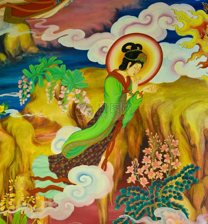 泰国寺墙上的中壁画那空绘黄色的图片