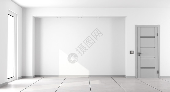 房间内部的公寓空白色最小客厅空白色最小客厅灰闭着门窗的白色最低客厅3D背景图片