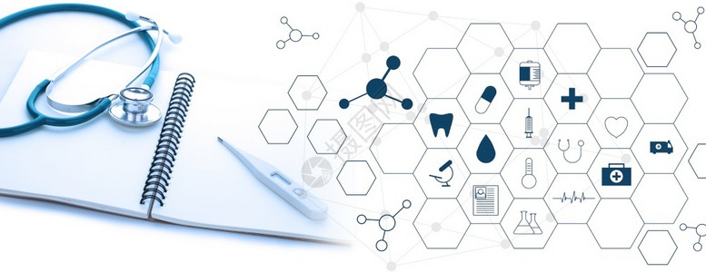 医疗用品图标网络数据清理具有听诊镜医学概念和白底面图标医学背景