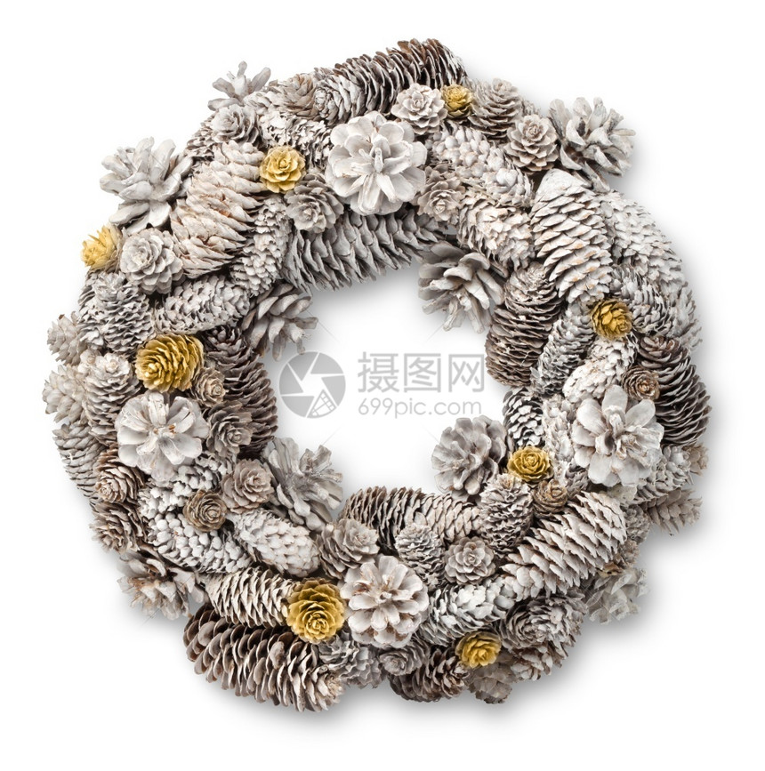 冬天白色圣诞门花圈装饰品由松和果制成白色圣诞门花圈圆锥体图片