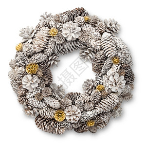 冬天白色圣诞门花圈装饰品由松和果制成白色圣诞门花圈圆锥体图片